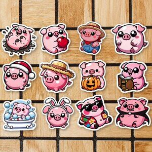 Cute Kawaii Pig Sticker Pack of 12 Vinyl Stickers Waterproof Pigs Sticker Set